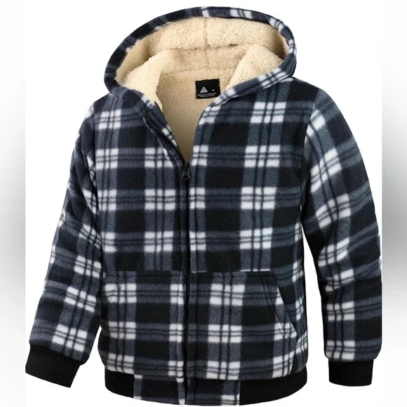 Plaid Sherpa Hooded Kids Jacket - Picture 2 of 5